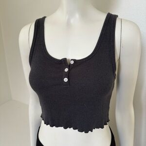 American Eagle Dark Gray/Blue Ribbed Crop Lettuce Trim Buttoned Tank Top
